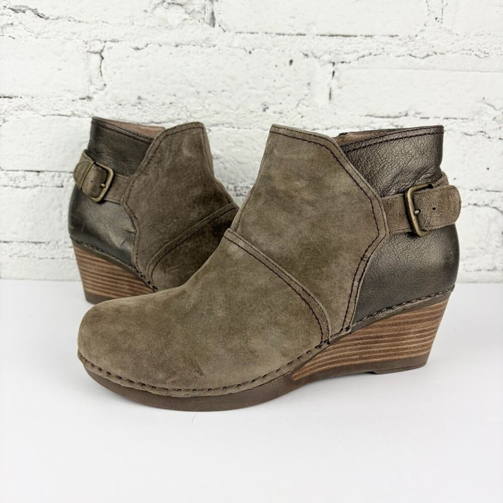 Dansko Shirley Wedge Leather Suede Brown Metallic Zip Ankle Bootie 40